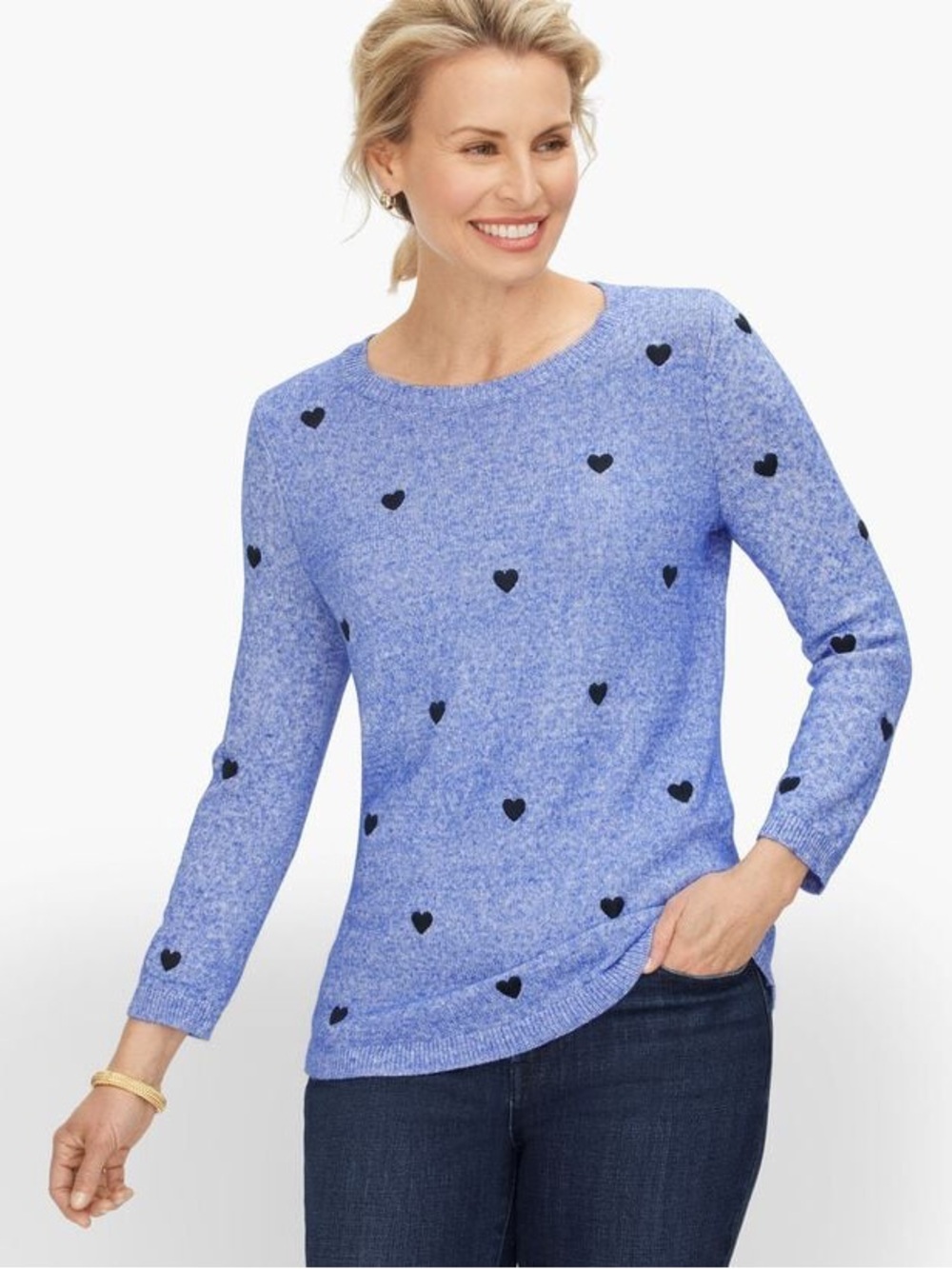 Talbots Blue Heart-Print Crewneck Sweater